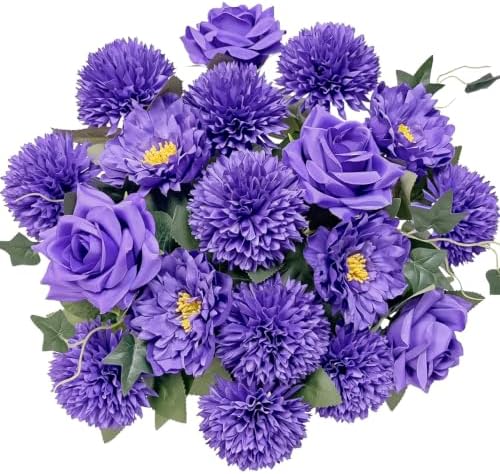 18PCS Purple Mixed Chrysanthemums Roses Peonies Silk Artificial Bouquets