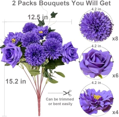 18PCS Purple Mixed Chrysanthemums Roses Peonies Silk Artificial Bouquets, alternate view 2