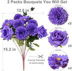 18PCS Purple Mixed Chrysanthemums Roses Peonies Silk Artificial Bouquets, alternate view 2