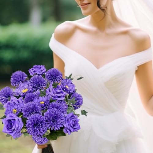 18PCS Purple Mixed Chrysanthemums Roses Peonies Silk Artificial Bouquets, alternate view 3