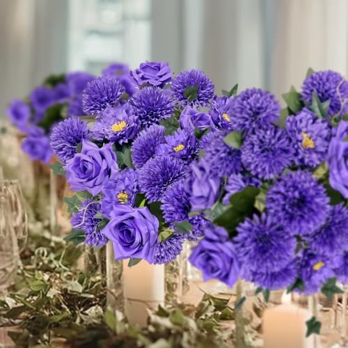 18PCS Purple Mixed Chrysanthemums Roses Peonies Silk Artificial Bouquets, alternate view 4