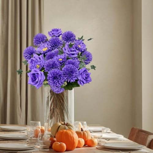 18PCS Purple Mixed Chrysanthemums Roses Peonies Silk Artificial Bouquets, alternate view 6