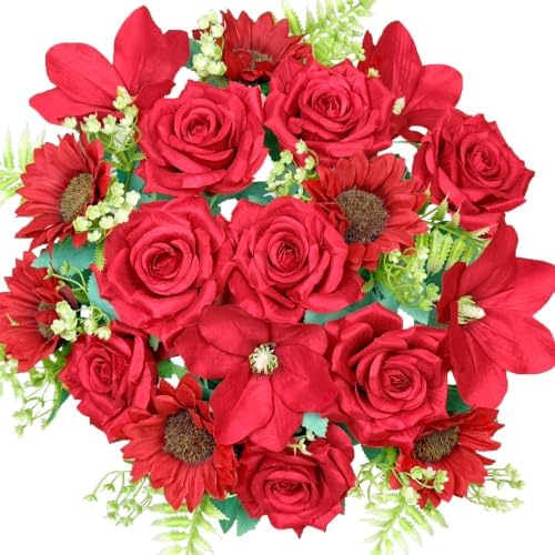 18PCS Red Roses Sunflowers Magnolia Artificial Flowers Bouquets