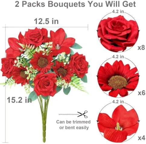 18PCS Red Roses Sunflowers Magnolia Artificial Flowers Bouquets, alternate view 2
