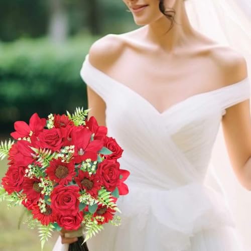 18PCS Red Roses Sunflowers Magnolia Artificial Flowers Bouquets, alternate view 4