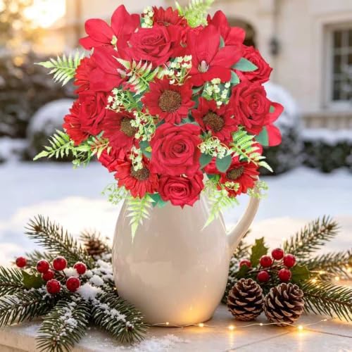 18PCS Red Roses Sunflowers Magnolia Artificial Flowers Bouquets, alternate view 5