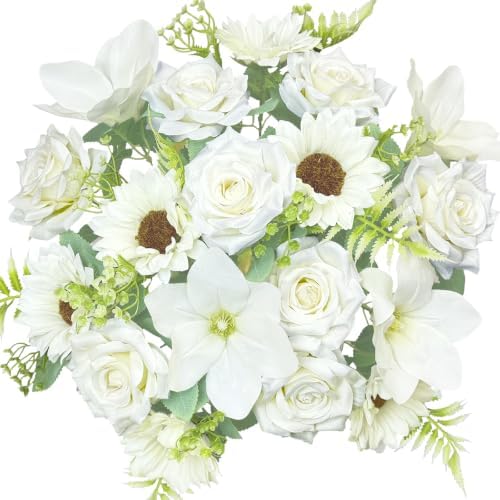 18PCS White Mixed Rose Artificial Flowers Bouquets, Silk Faux Flowers