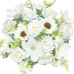 18PCS White Mixed Rose Artificial Flowers Bouquets, Silk Faux Flowers