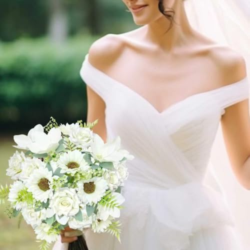 18PCS White Mixed Rose Artificial Flowers Bouquets, Silk Faux Flowers, alternate view 5