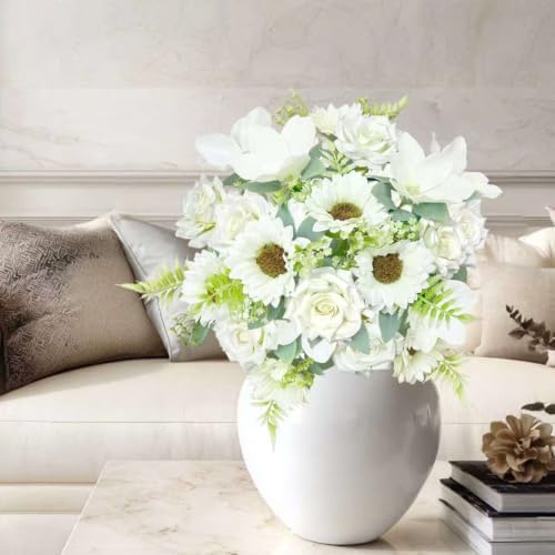 18PCS White Mixed Rose Artificial Flowers Bouquets, Silk Faux Flowers, alternate view 6