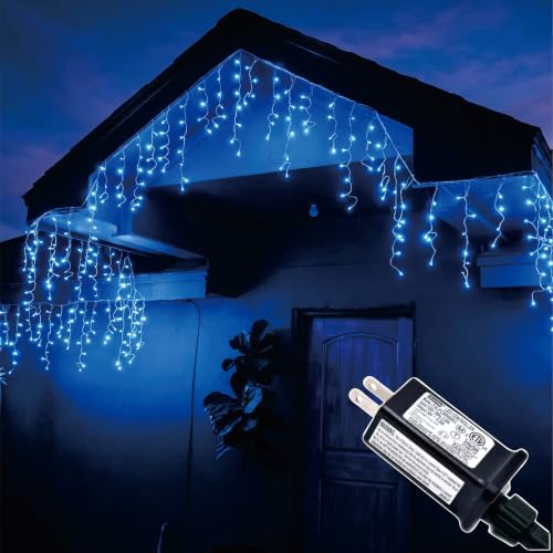 19.6Ft Plug-in 100 LED Connectable Icicle Lights 8 Modes & Timer, Blue in Blue