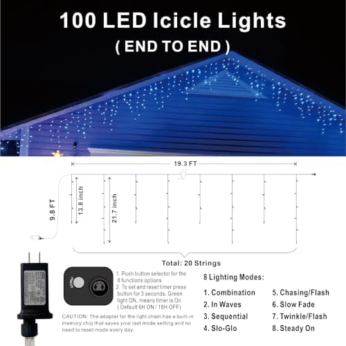 19.6Ft Plug-in 100 LED Connectable Icicle Lights 8 Modes & Timer, Blue in Blue, alternate view 4