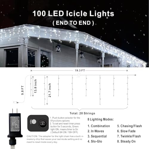 19.6Ft Plug-in 100 LED Connectable Icicle Lights 8 Modes, Timer, Cold White, alternate view 5