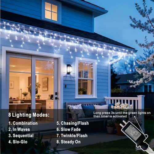 19.6Ft Plug-in 100 LED Connectable Icicle Lights 8 Modes, Timer, Cold White, alternate view 6