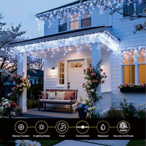19.6Ft Plug-in 100 LED Connectable Icicle Lights 8 Modes, Timer, Cold White, alternate view 7