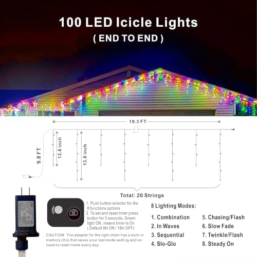 19.6Ft Plug-in 100 LED Connectable Icicle Lights 8 Modes, Timer, Multicolor, alternate view 6