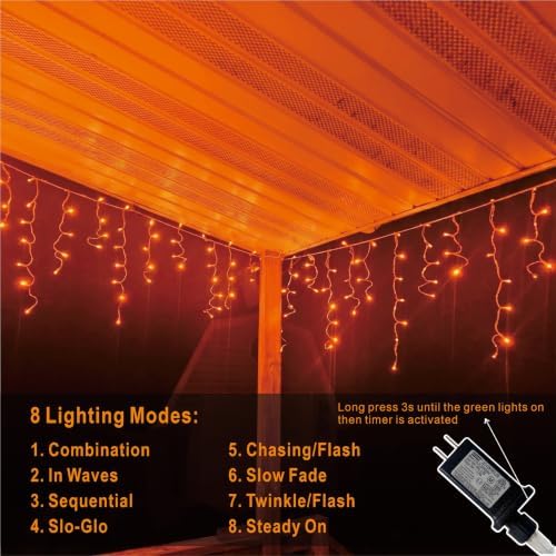 19.6Ft Plug-in 100 LED Connectable Icicle Lights 8 Modes, Timer (Orange), alternate view 2