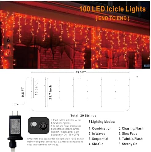 19.6Ft Plug-in 100 LED Connectable Icicle Lights 8 Modes, Timer (Orange), alternate view 3