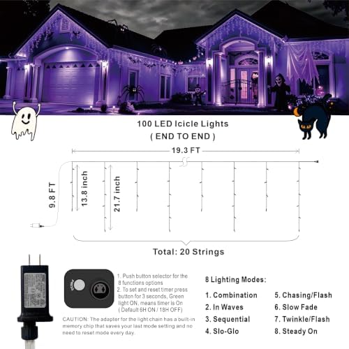 19.6Ft Plug-in 100 LED Connectable Icicle Lights 8 Modes, Timer (Purple), alternate view 5