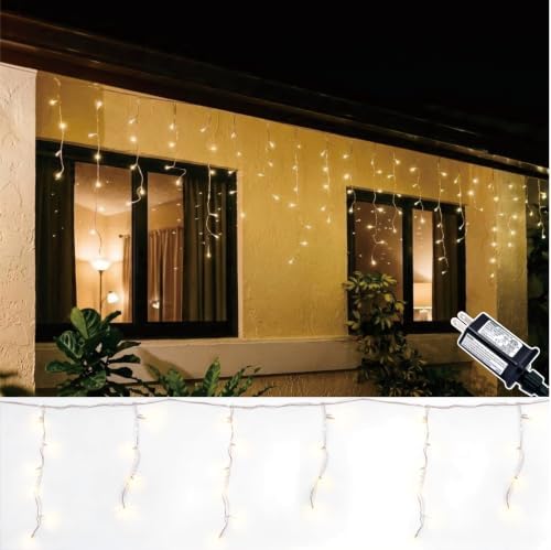 19.6Ft Plug-in 100 LED Connectable Icicle Lights 8 Modes, Timer (Warm White) in Warm White