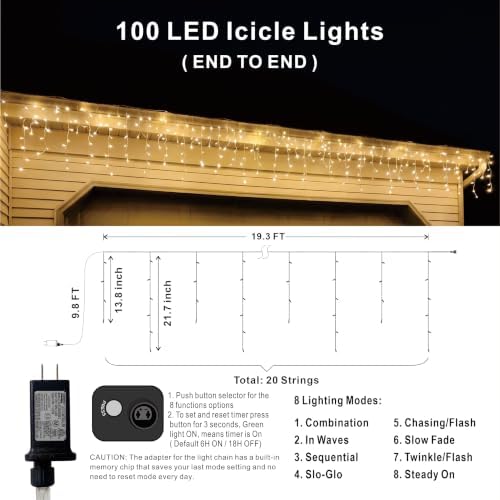 19.6Ft Plug-in 100 LED Connectable Icicle Lights 8 Modes, Timer (Warm White) in Warm White, alternate view 6