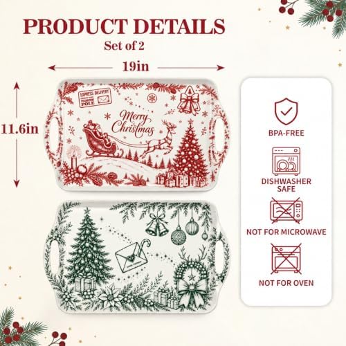 19-Inch Christmas Serving Trays with Handles, Set of 2, Extra Large Melamine Holiday Trays for Drinks, Desserts, alternate