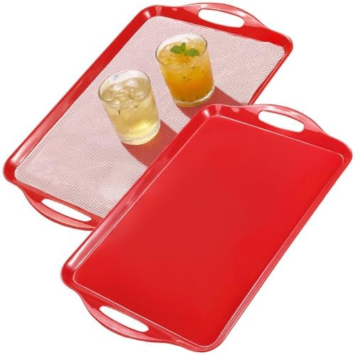 19 Inch Melamine Serving Trays with Handles, Set of 2 Extra Large Red Rectangular Platters for Food, Appetizers