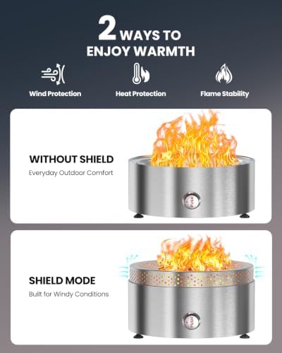 19" Outdoor Propane Fire Pit with Wind Shield, Stainless Steel, alternate view 4