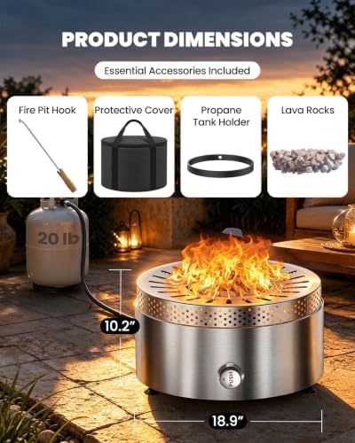 19" Outdoor Propane Fire Pit with Wind Shield, Stainless Steel, alternate view 7
