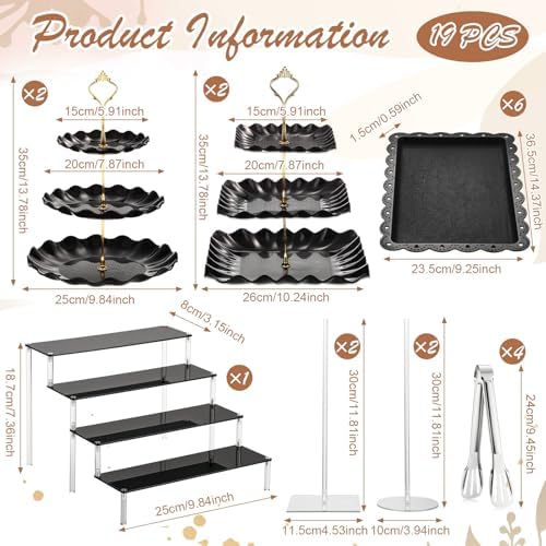 19 Pcs Cupcake Stand Holder Dessert Table Display, Black and Gold in Black and Gold, alternate view 3