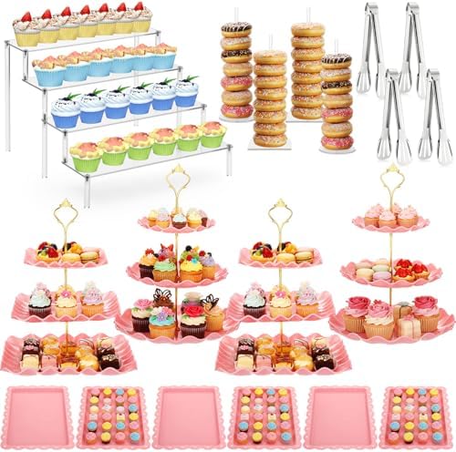 19 Pcs Cupcake Stand Holder Dessert Table Display, Clear and Pink in Clear and Pink