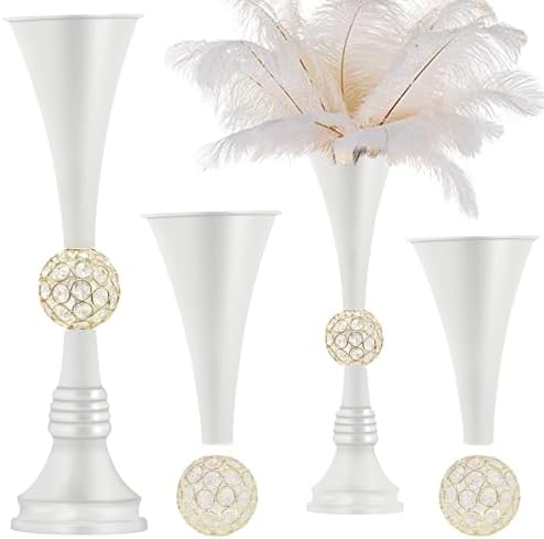 19" White Luxury Flower Vase for Wedding Centerpieces - Crystal-Embedded Tall Geometric Metal Vase for Feather