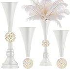 19" White Luxury Flower Vase for Wedding Centerpieces - Crystal-Embedded Tall Geometric Metal Vase for Feather