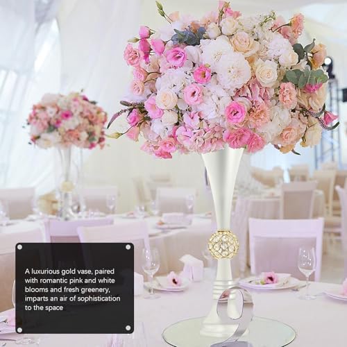 19" White Luxury Flower Vase for Wedding Centerpieces - Crystal-Embedded Tall Geometric Metal Vase for Feather, alternate