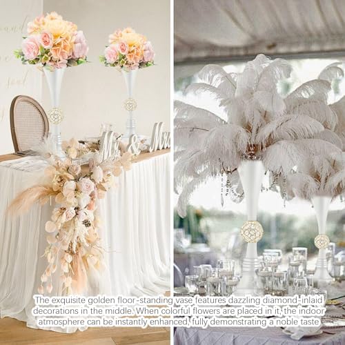 19" White Luxury Flower Vase for Wedding Centerpieces - Crystal-Embedded Tall Geometric Metal Vase for Feather, alternate