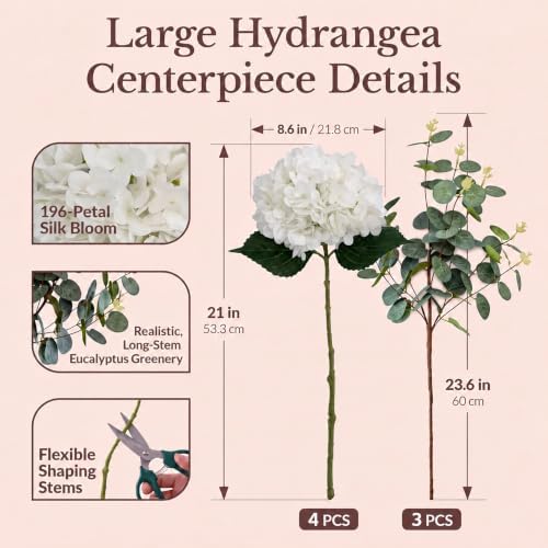 196-Petal Artificial Hydrangea Flowers & 9-Branch Eucalyptus Arrangement, alternate view 3