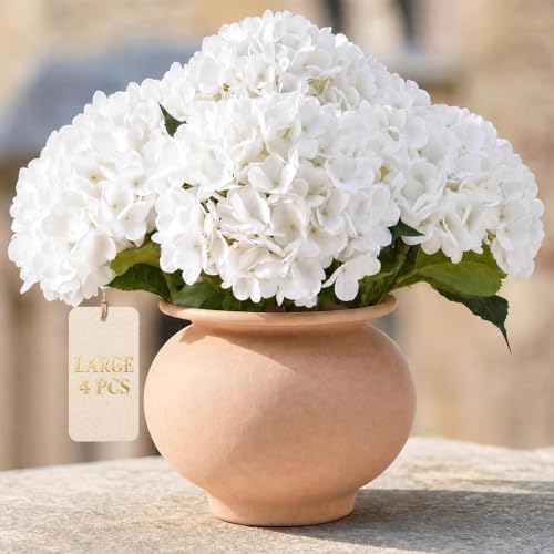 196-Petal Real Touch White Hydrangea Artificial Flowers, 4PCS, 21" Stems in 4 Ivory