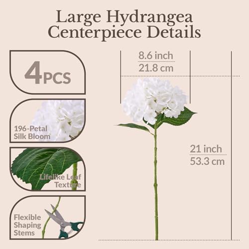 196-Petal Real Touch White Hydrangea Artificial Flowers, 4PCS, 21" Stems in 4 Ivory, alternate view 2
