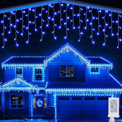 19FT Christmas Icicle Lights Outdoor Connectable Blue