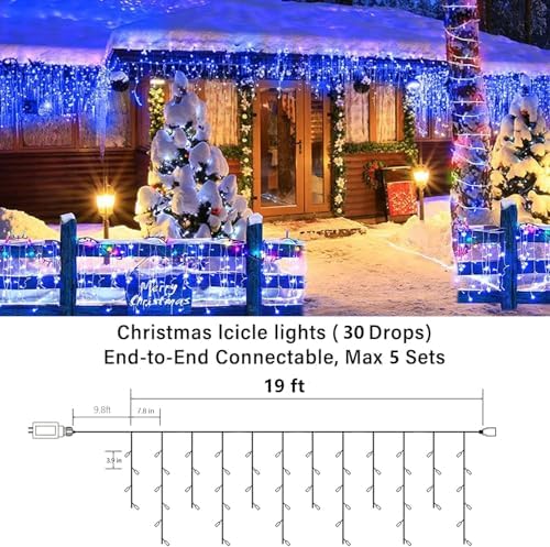 19FT Christmas Icicle Lights Outdoor Connectable Blue, alternate view 2