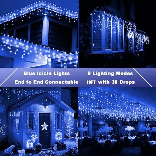 19FT Christmas Icicle Lights Outdoor Connectable Blue, alternate view 4