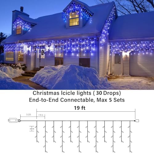 19FT Christmas Icicle Lights Outdoor Connectable White & Blue, alternate view 3