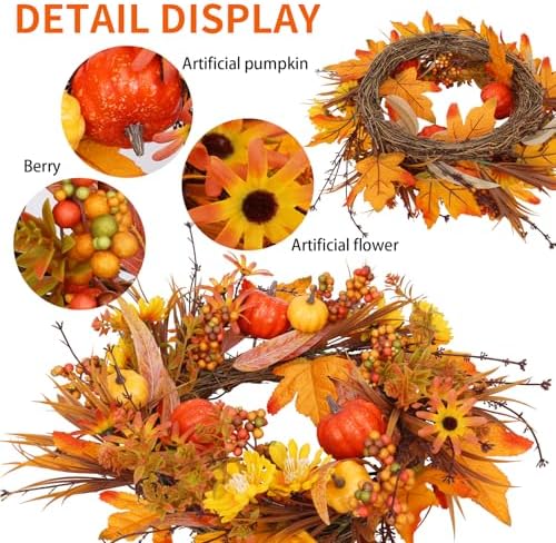 19In Fall Wreaths Front Door Decor for Home Autumn Thanksgiving, alternate view 3