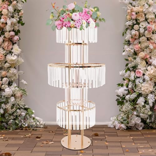 1PC Crystal Vases for Centerpieces, 5 Tier Flower Stand with Hanging Crystals, 43.3" Gold Wedding Vase, alternate view 2