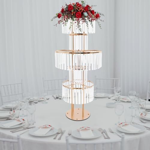 1PC Crystal Vases for Centerpieces, 5 Tier Flower Stand with Hanging Crystals, 43.3" Gold Wedding Vase, alternate view 4