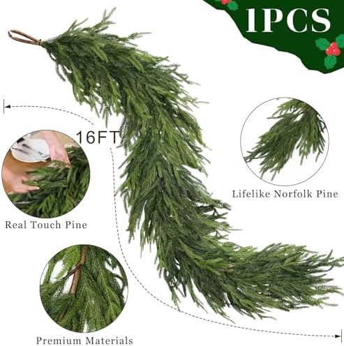 1Pcs 16FT Lifelike Touch Fake Norfolk Pine Garland for Christmas Home Decor, alternate view 5