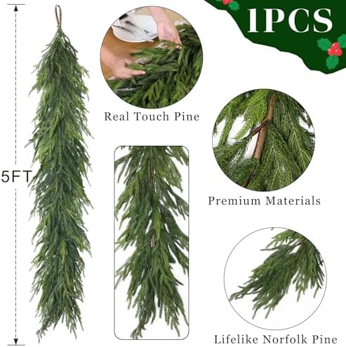 1Pcs 5FT Lifelike Touch Fake Norfolk Pine Garland for Christmas Home Decor, alternate view 5