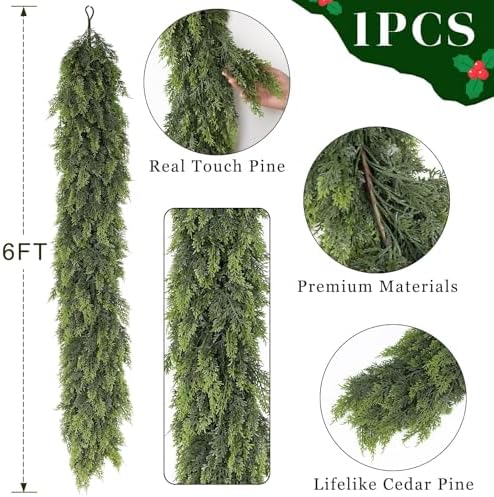 1PCS 6FT Lifelike Touch Artificial Cedar Garland for Mantle Christmas Decor, alternate view 5