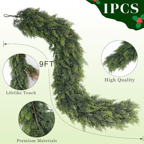 1PCS 9FT Artificial Christmas Cedar Garland Faux Greenery for Mantle Decor, alternate view 5