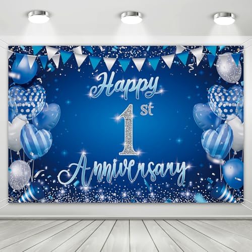 1st Anniversary Backdrop, Blue & Silver Happy 1st Wedding Anniversary Photo Background Wall Decor, Couples